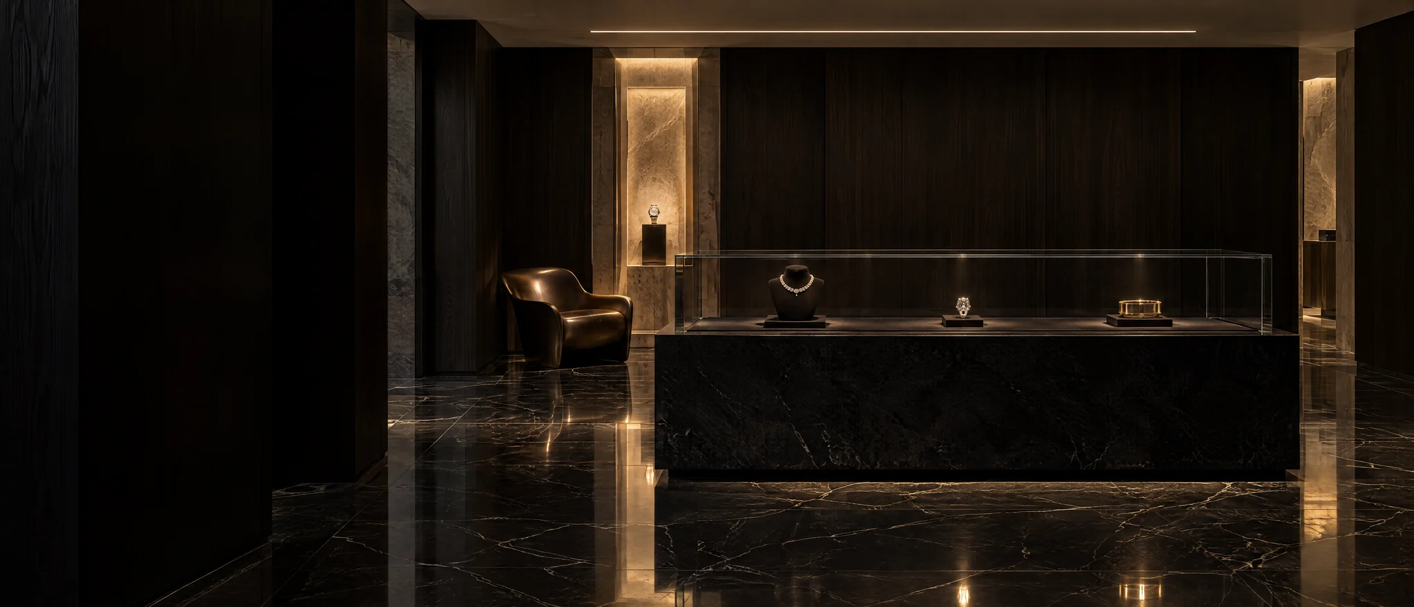A dark, modern jewelry salon: black marble floor, smoked oak walls, one low glass vitrine with a necklace, a ring and a bracelet (illustrative, generated)