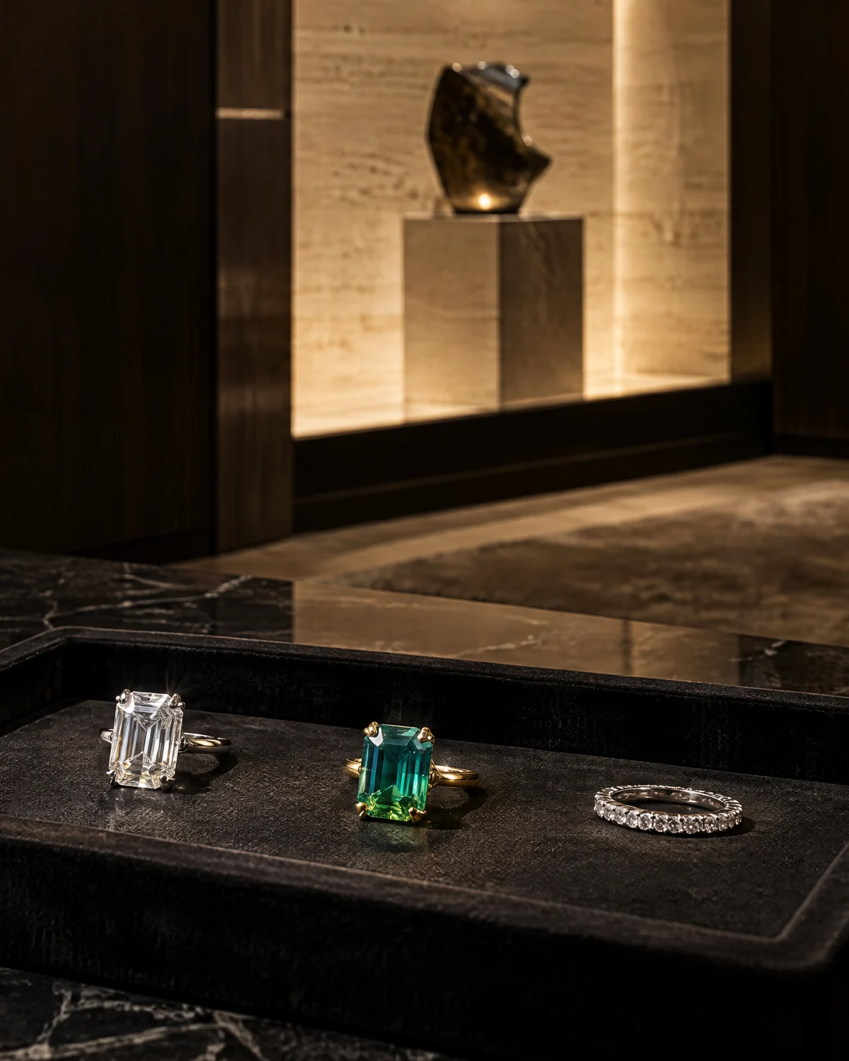 A private viewing: three rings on a black suede tray on black marble, a lit travertine niche behind (illustrative, generated)