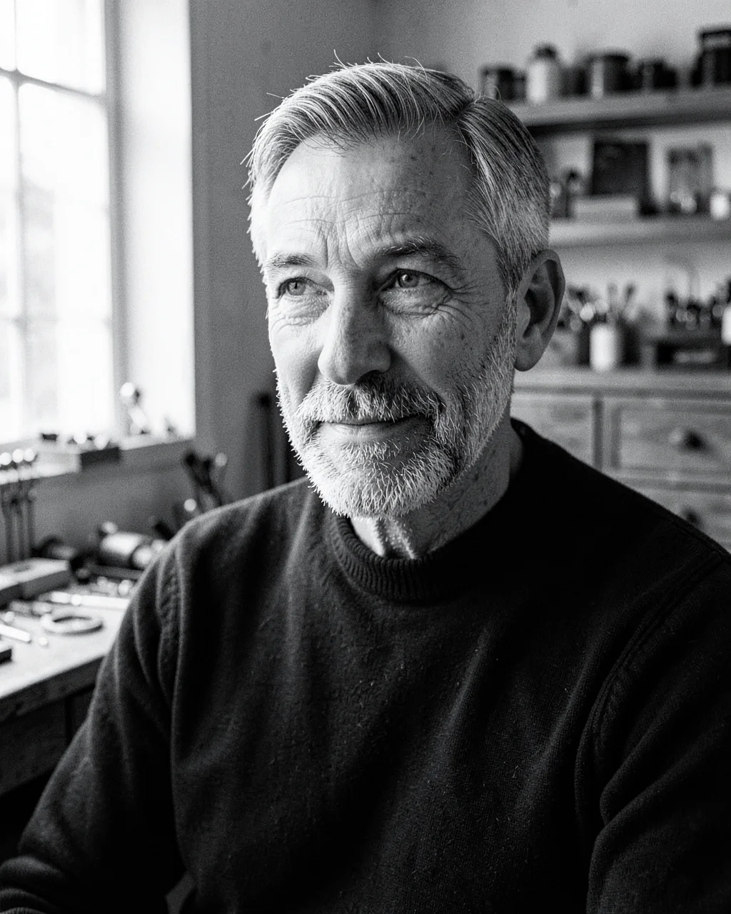 Daniel Kessler, founder and master setter, in his workshop, in black and white (illustrative, generated)