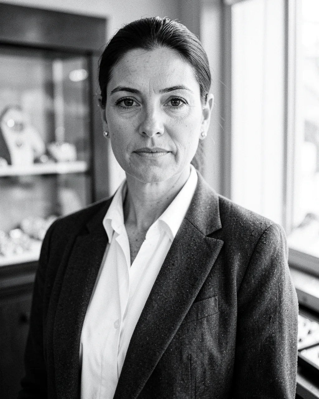 Claire Rowe, gemologist, in the salon, in black and white (illustrative, generated)