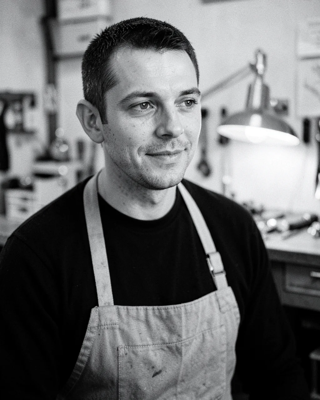 Marcus Hale, watchmaker, in the watch workshop, in black and white (illustrative, generated)